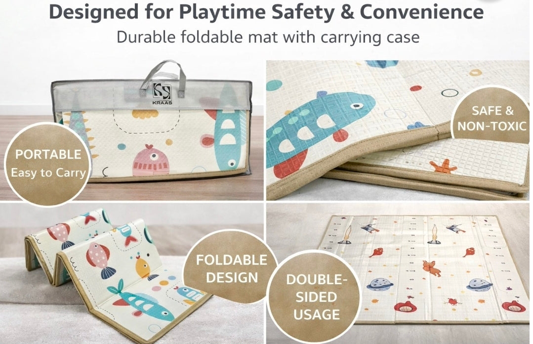 Baby Play Mat 59"*79" Foldable Foam double side play options Baby Play Mat for Floor Reversible Waterproof Playmats for Babies Boy and Toddlers Infants Edge protected Crawling Mat for Indoor&Outdo