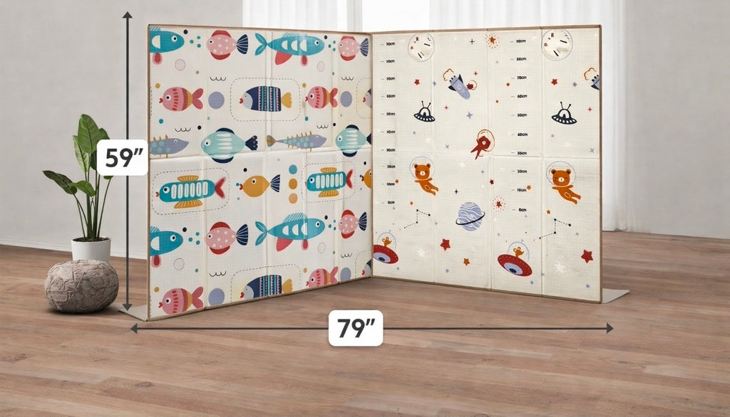 Baby Play Mat 59"*79" Foldable Foam double side play options Baby Play Mat for Floor Reversible Waterproof Playmats for Babies Boy and Toddlers Infants Edge protected Crawling Mat for Indoor&Outdo